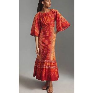 Anthropologie Farm Rio Printed Cutout Tiered-Hem Dress